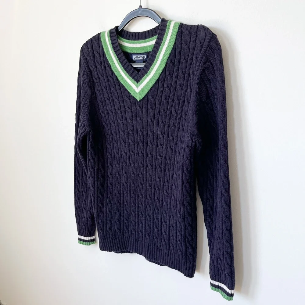 Lands' End Varsity Cable Knit V-Neck Sweater Women Medium Navy Green Tennis Prep